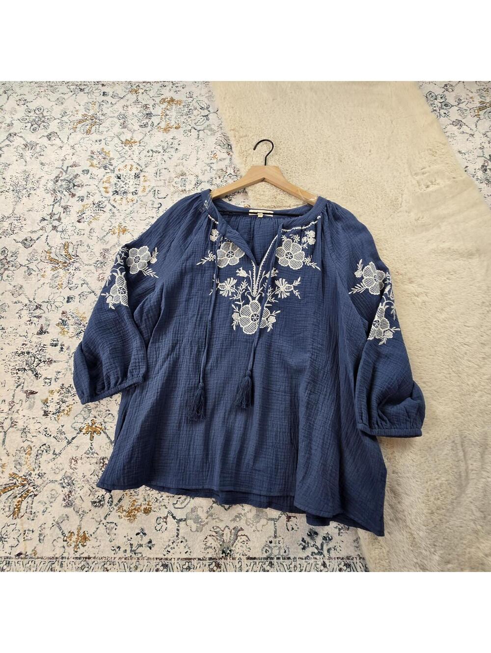 Indigo Soul Blue Floral Blouse Top Women Large
